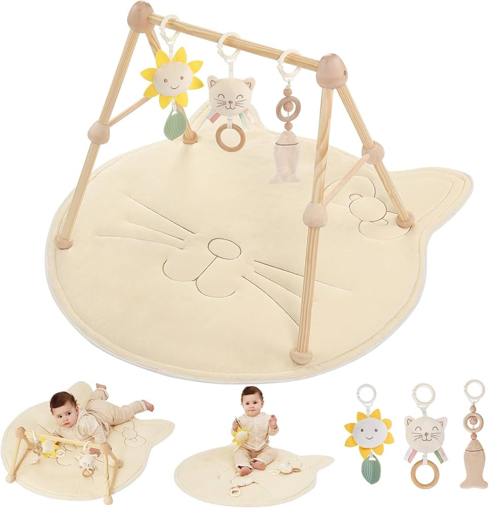 Wooden Organic Baby Gym Cotton Play Mat, 4-in-1 Super Soft Infant Activity Tummy Time Playmat for... | Amazon (US)