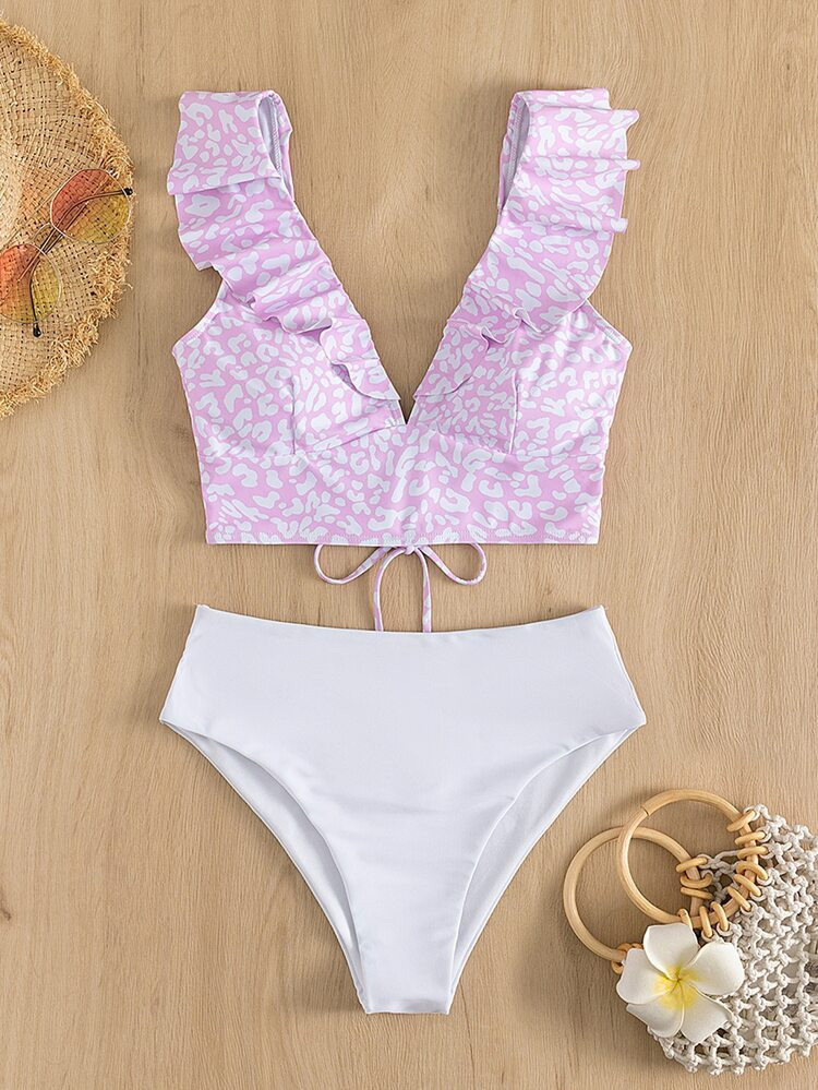 Leopard Ruffle Trim Bikini Swimsuit | SHEIN