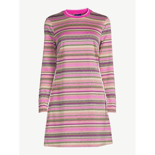 Scoop Women's Crewneck Jacquard Short Dress with Long Sleeves, Sizes XS-XXL | Walmart (US)