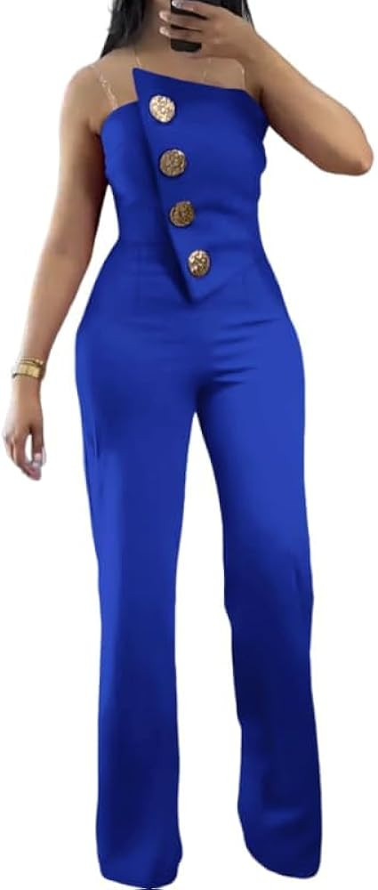 CHICME Women's Strapless Tube Top Jumpsuit Metal Button Decor Loose Wide Leg Pants | Amazon (US)