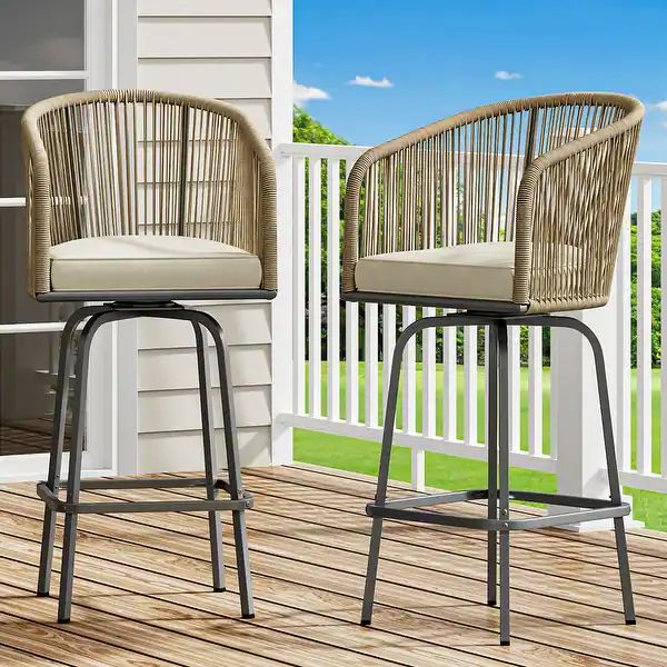 44.2" Patio Woven Swivel Bar Stools Set of 2 Bar Chair - Set of 2 - Beige | Bed Bath & Beyond