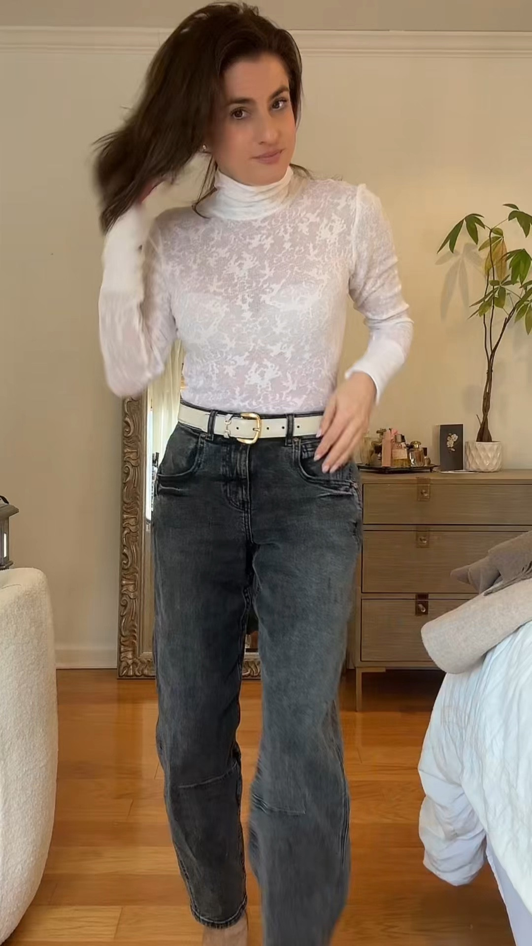 Sheer top and gray barrel jeans 