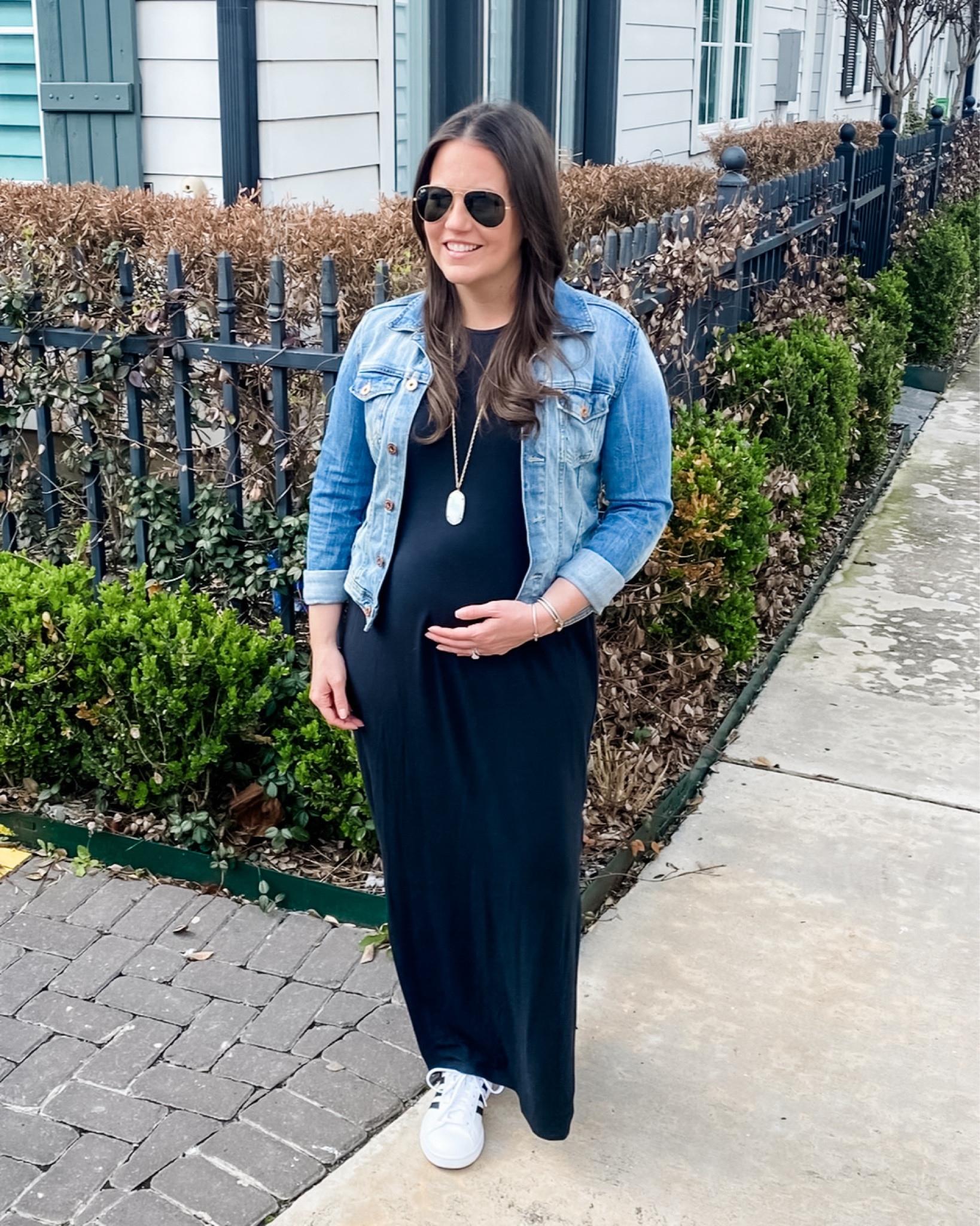 Maternity outfit / fall outfit / black maxi dress / adidas white sneakers / denim jackett

#LTKSeasonal #LTKBump #LTKFindsUnder100