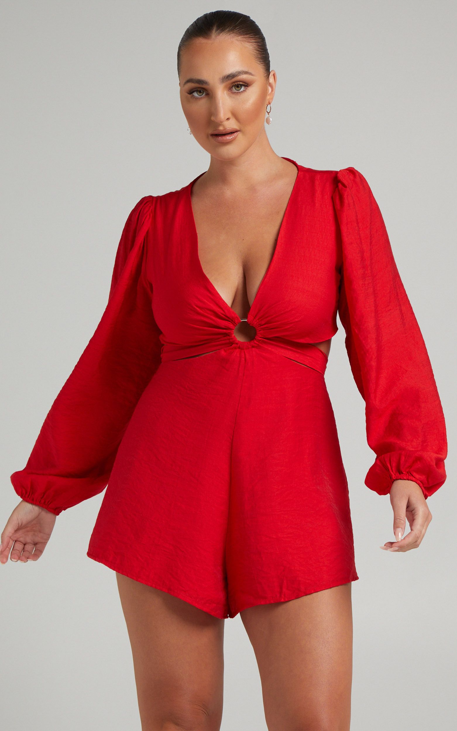 Primrose Cut Out Tie Back Long Sleeve Playsuit in Red | Showpo | Showpo - deactived
