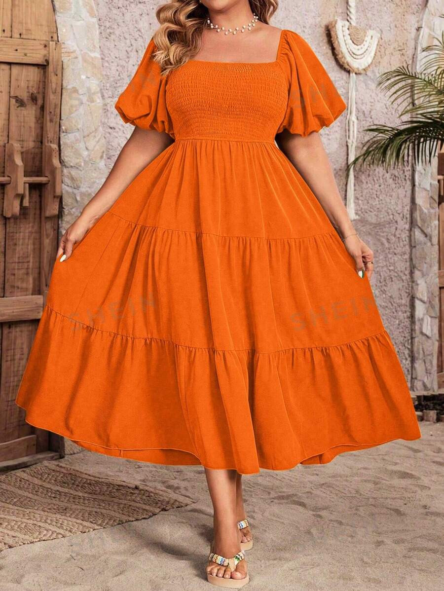 SHEIN VCAY Plus Size Women's Square Neck Puff Sleeve Ruffled Hem A-Line Dress | SHEIN