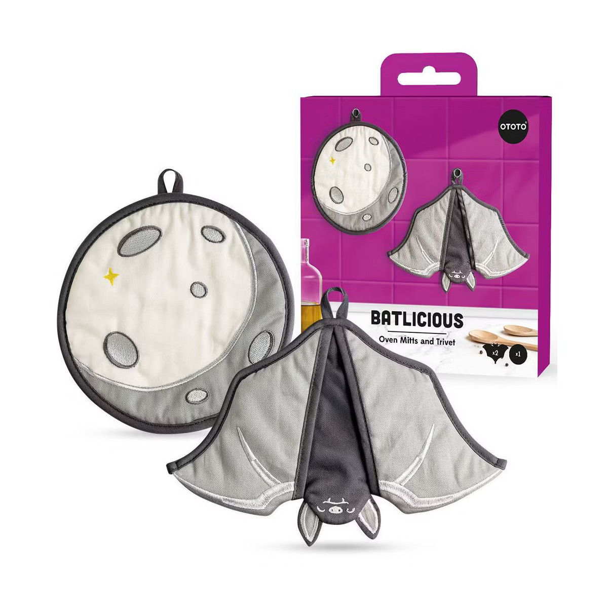 Ototo Batlicious Oven Mitt and Moon Trivet Cotton and Polyester Fabric Kitchen Set Black/Gray | Target