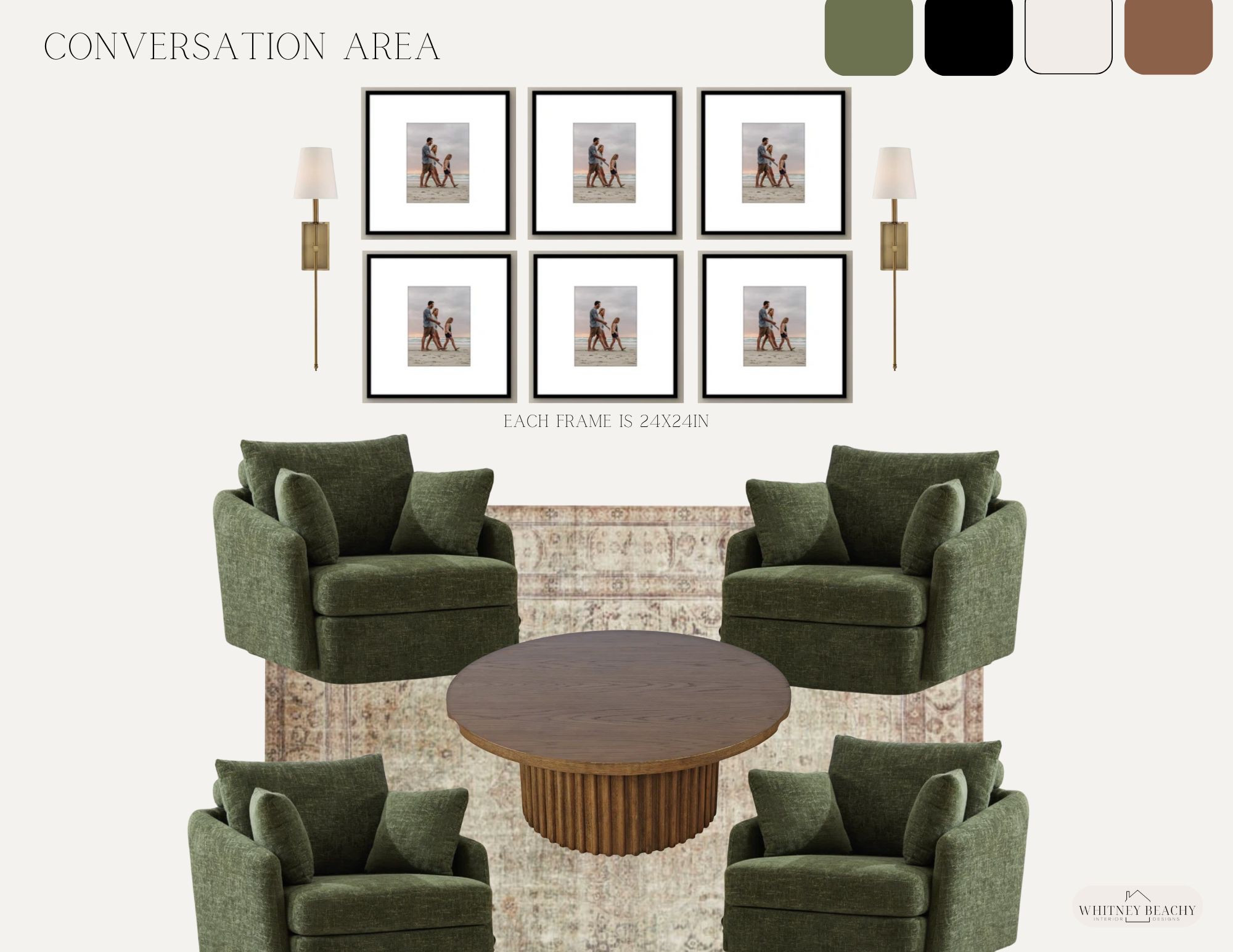 Green chair, swivel chair, conversation area, gallery wall 