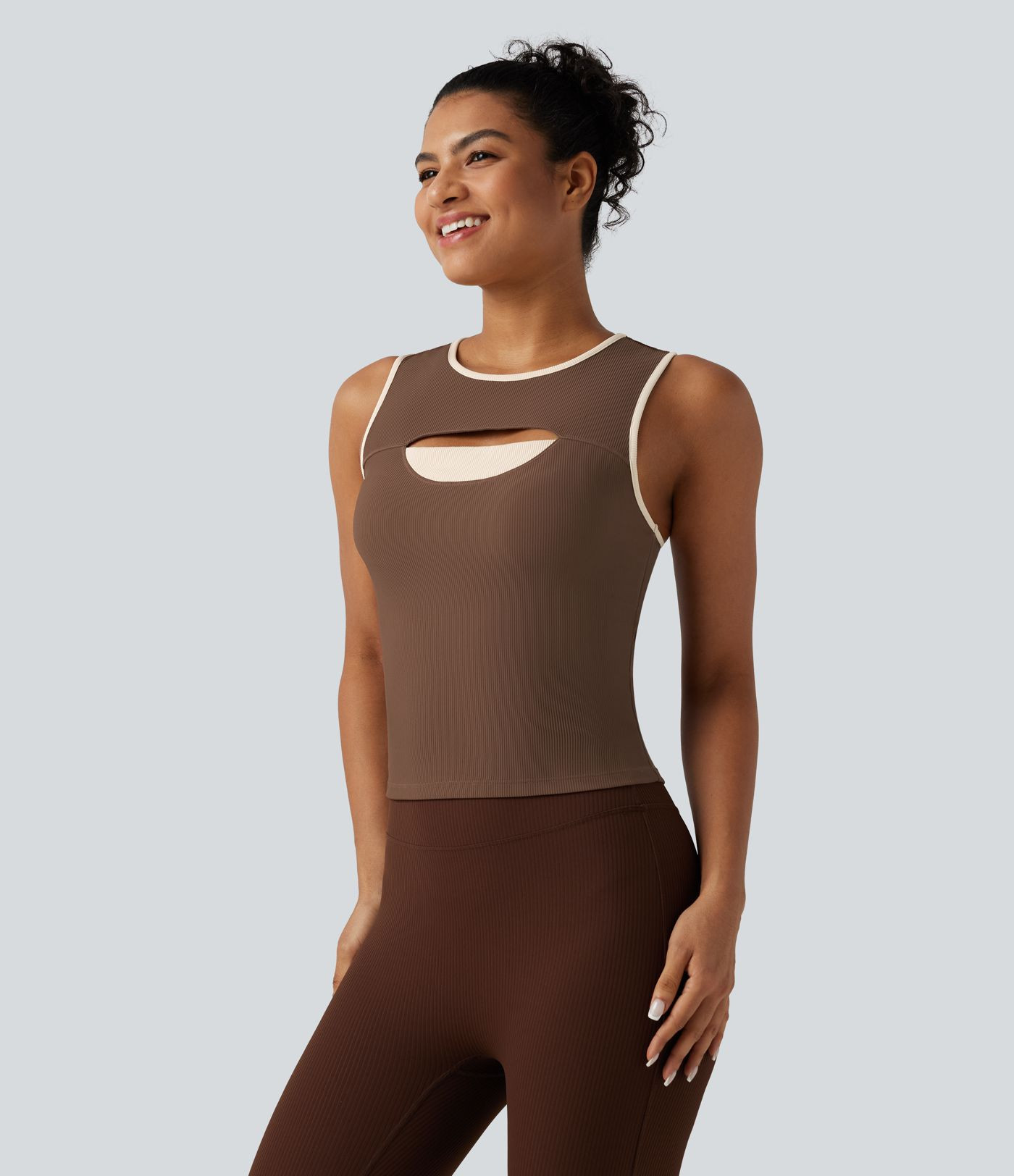Women\u2019s Ribbed Round Neck Cut Out Front Color Block Workout Tank Top - Halara | HALARA