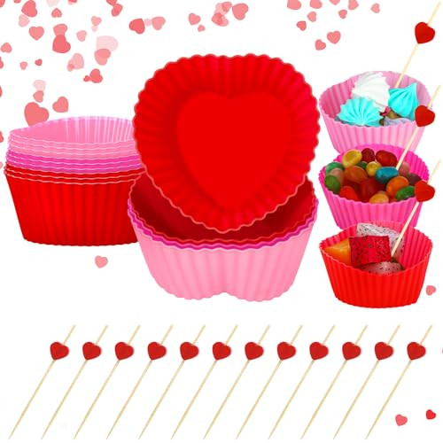12 Pcs Valentine's Day Heart Molds Silicone Cupcake Liners Baking Cups 2.75 Inch Nonstick Mini Muffin Molds with 12 Cupcake Picks Reusable Hearts Shaped Liners for Wedding Valentine's Day Anniversary | Amazon (US)