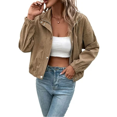 Sunisery Womens Fall Outfits Casual Corduroy Jacket Loose Zip Up Cropped Shacket Long Sleeve Coats Outerwear | Walmart (US)