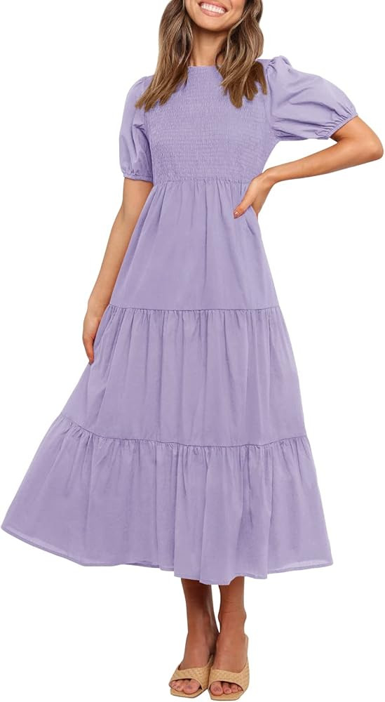 ZESICA Women's Casual Summer Crew Neck Short Puff Sleeve Smocked High Waist Ruffle Tiered A Line Mid | Amazon (US)