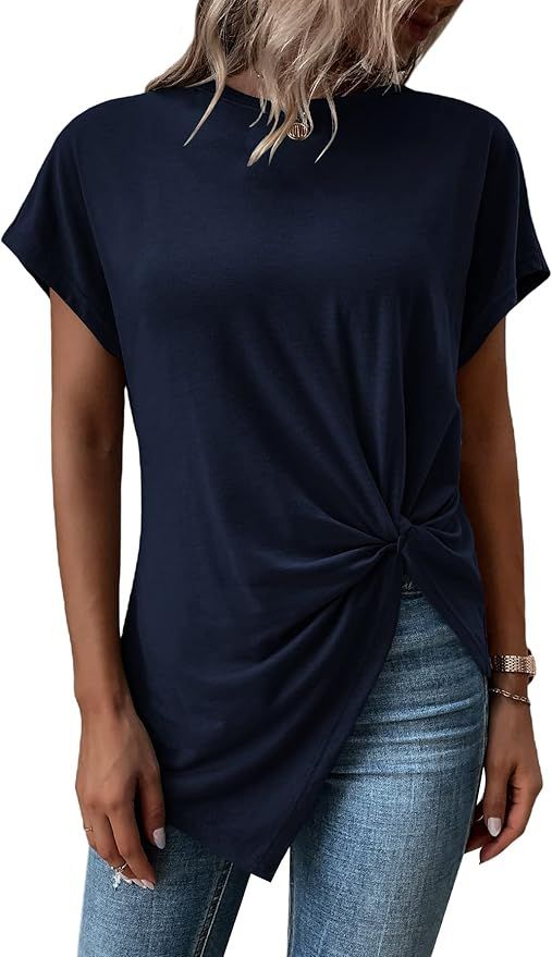 Verdusa Women's Casual Twist Front Asymmetrical Hem Short Sleeve Tee Top | Amazon (US)