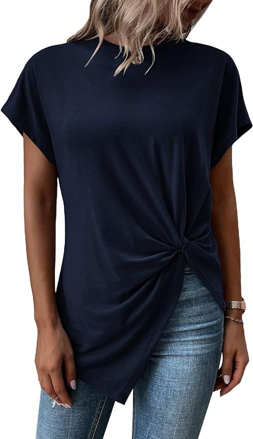 Verdusa Women's Casual Twist Front Asymmetrical Hem Short Sleeve Tee Top | Amazon (US)