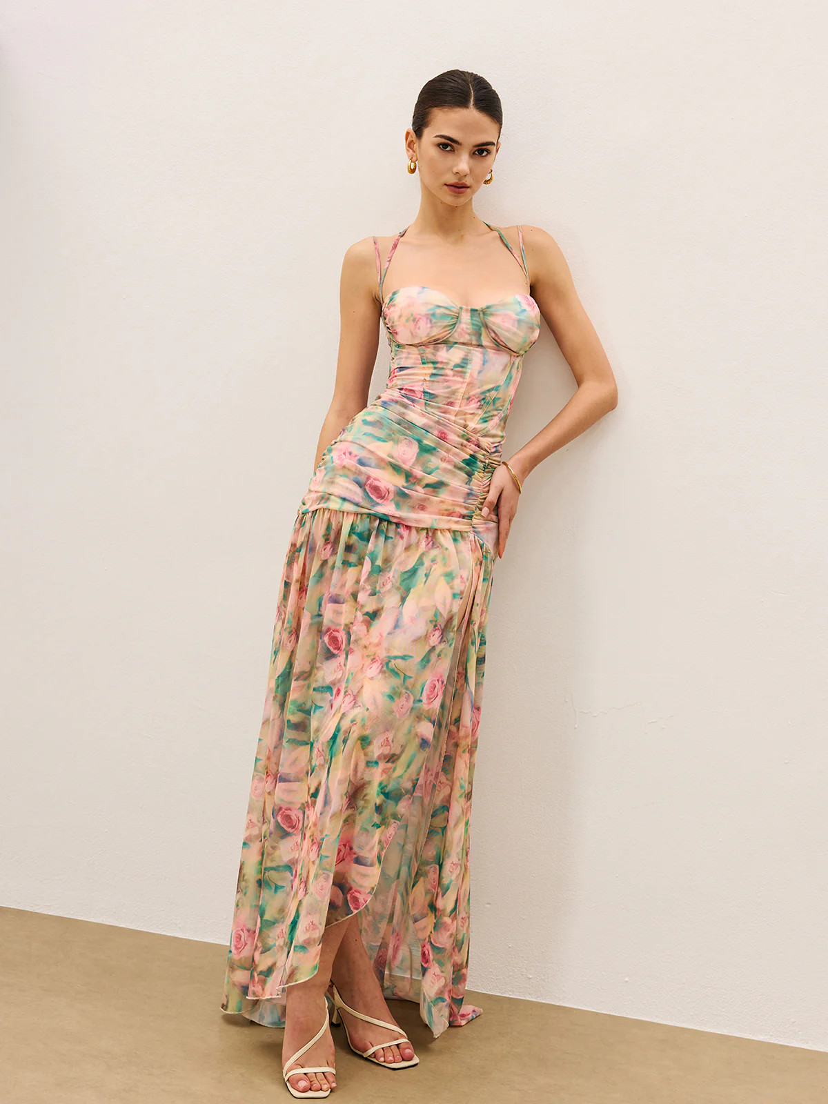 Floral Print Ruched Cami Dress With High Split | Commense