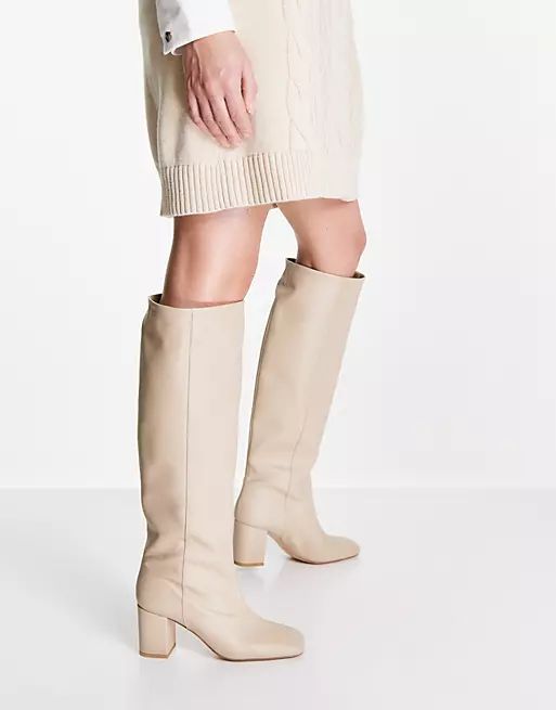 & Other Stories leather knee high heeled boots in beige | ASOS | ASOS (Global)