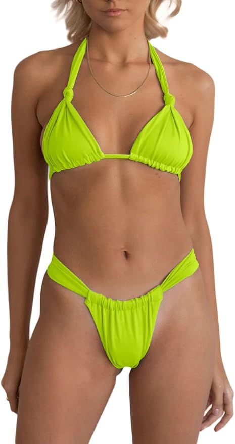 fatty tiger Sexy Brazilian Bikini Sets for Women High Cut 2PCS Thong Swimsuit Tie Knot Ruched Swi... | Amazon (US)