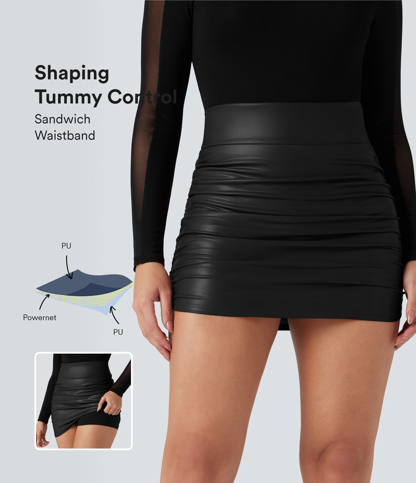 Women’s High Waisted Tummy Control Ruched Curved Hem 2-in-1 Fleece PU Mini Bodycon Skirt - Hala... | HALARA
