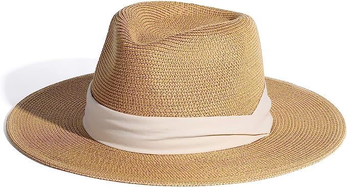 Womens Mens Wide Brim Straw Panama Hat Fedora Summer Beach Sun Hat UPF Straw Hat for Women | Amazon (US)