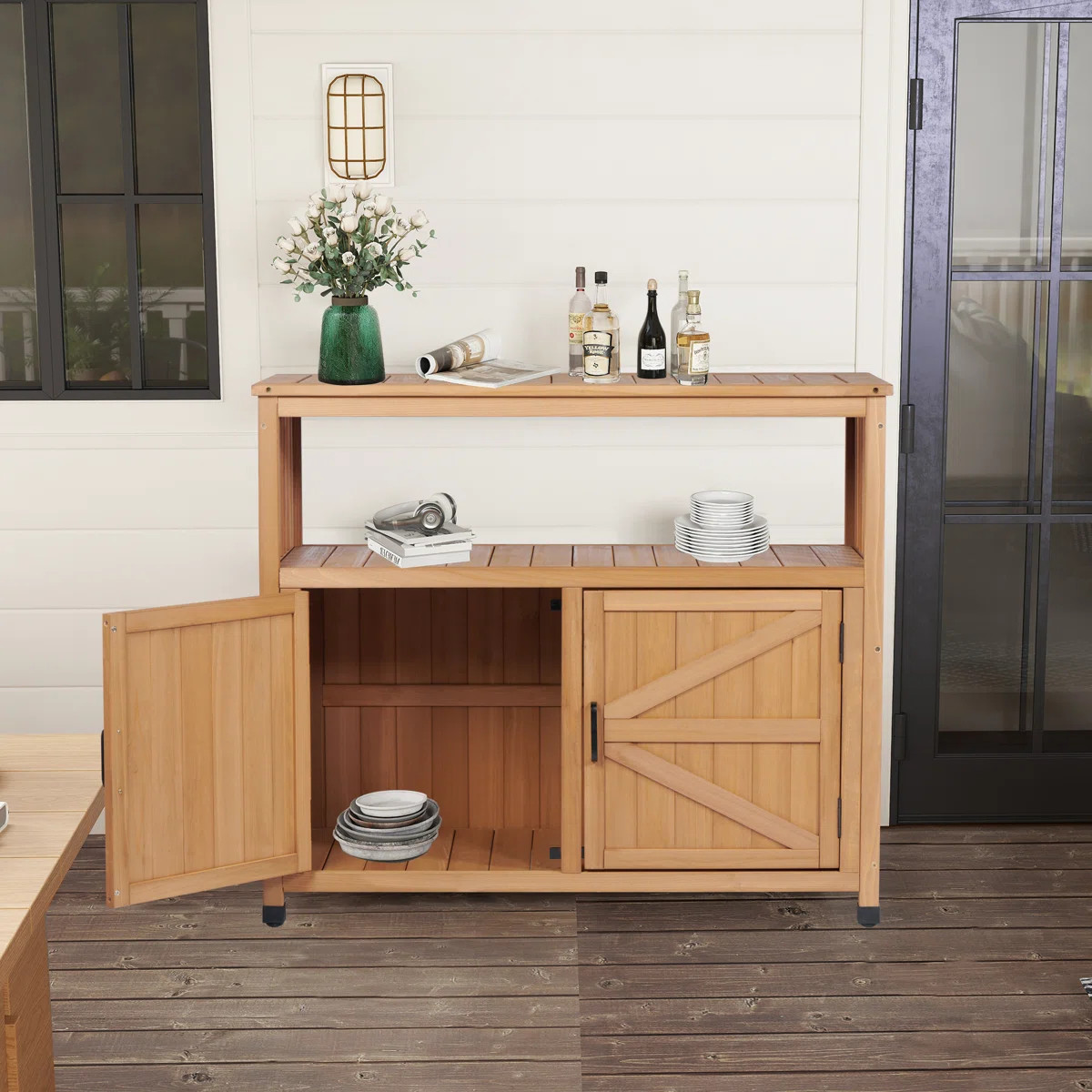Wooden Patio Bar Table Set with Storage, Buffet Cabinet Sideboard | Wayfair North America