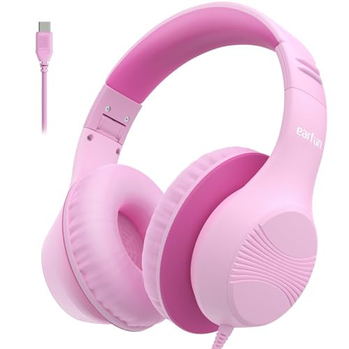 EarFun K3 Kids Headphones, USB Type C Over Ear Headphones for Kids, Volume Limit, HD Stereo Sound, Comfortable Fit, Foldable Wired Headphone for School/Travel/Boys/Girls/Tablet/iPad, Pink | Amazon (US)