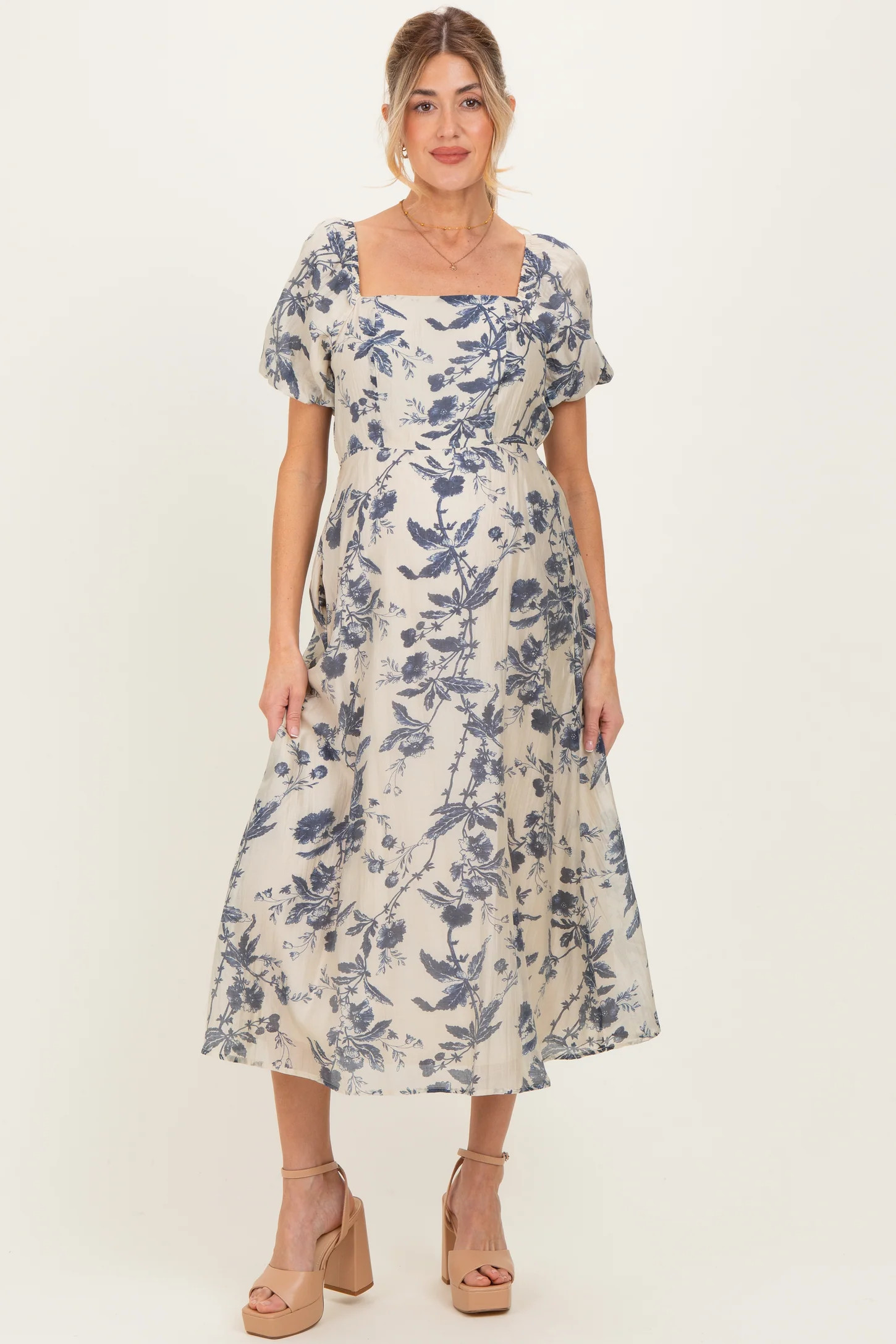 Navy Blue Floral Square Neck Puff Sleeve Maternity Midi Dress | PinkBlush Maternity