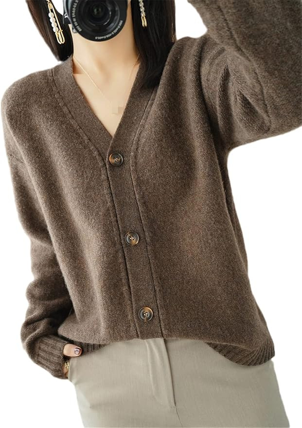 Spring V-Neck Cashmere Cardigan Women Wool Coat Short Loose Large Size Knit Sweater | Amazon (US)
