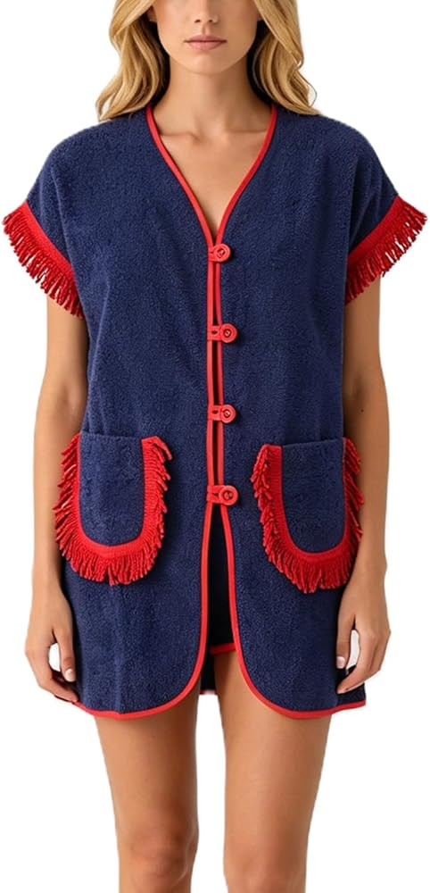 Franhais Womens 2 Piece Set Fringed Trim Vacation Outfits Short Sleeve Vneck Button Up Top Shorts... | Amazon (US)
