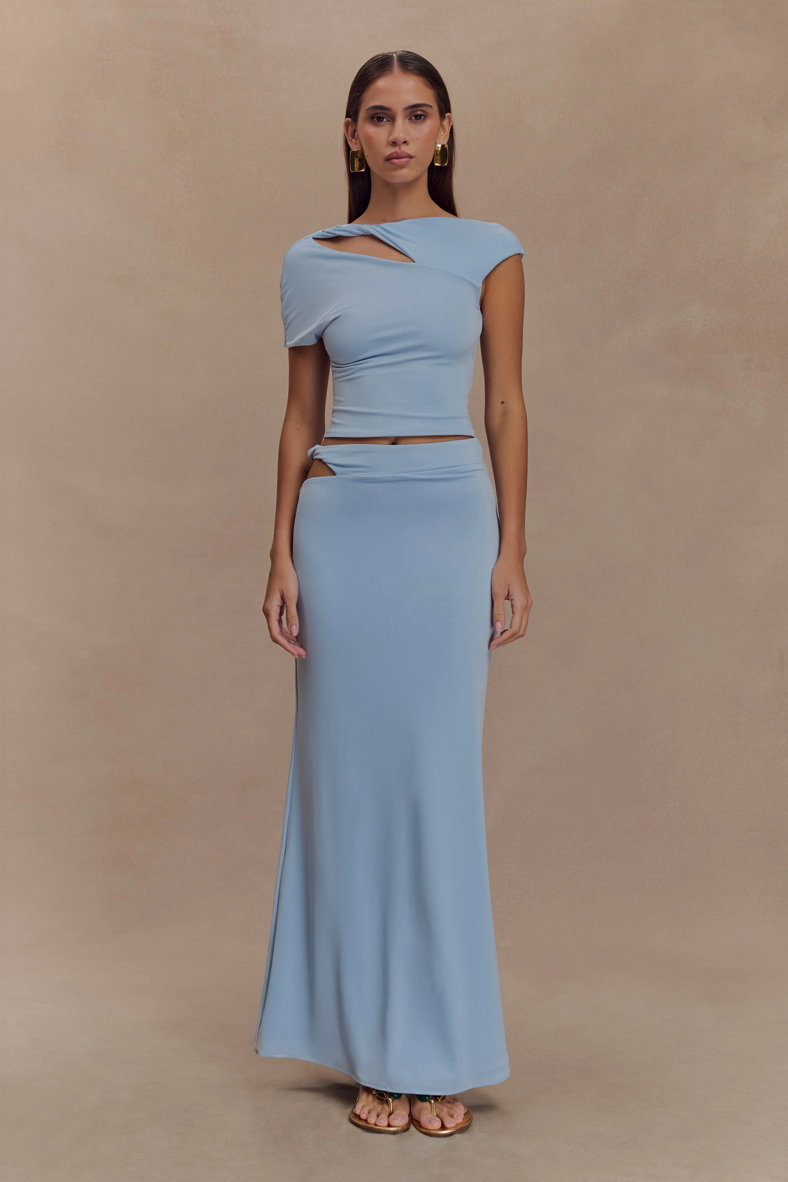 Slinky Twist Midi Skirt - Pale Blue | MESHKI US