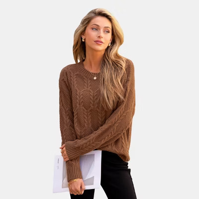 Women's Cozy Brown Cable Knit V-Neck Sweater - Cupshe-S-Brown | Target