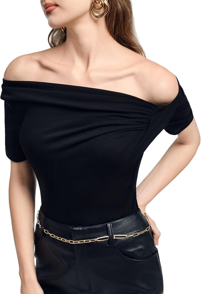 Ella Off The Shoulder Asymmetrical Top with Ruched Side Detail Cute and Trendy Summer 2024 Outfit... | Amazon (US)