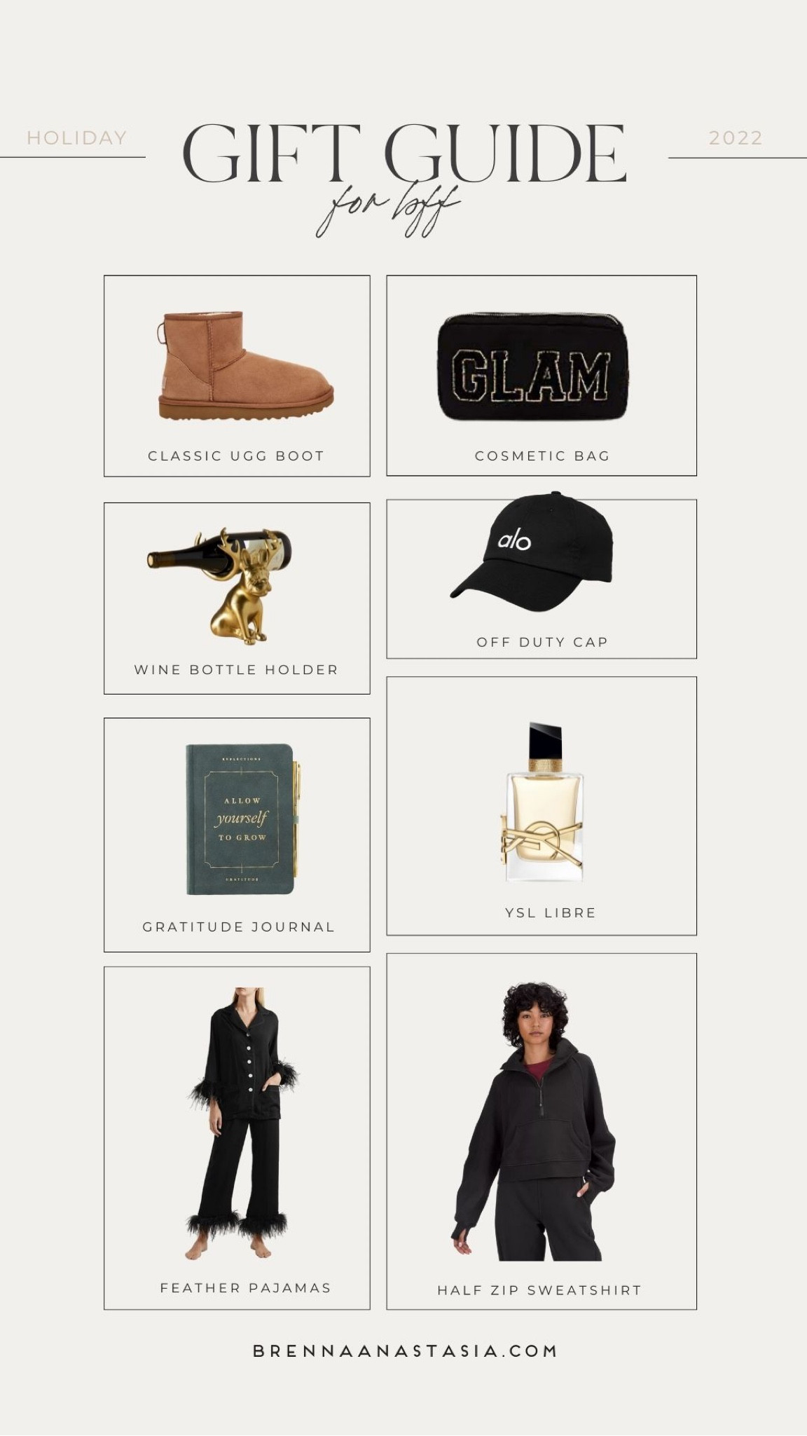 Holiday gift guide, gift guide 2022, gift, ideas for your BFF, bff gift guide, gift guide for her, gift ideas for her, UGG boots, glam makeup bag, personalized, makeup bag, YSL libre perfume, wine bottle holder, feather pajamas, lululemon half zip, gratitude journal, Alo yoga hat

#LTKunder100 #LTKHoliday