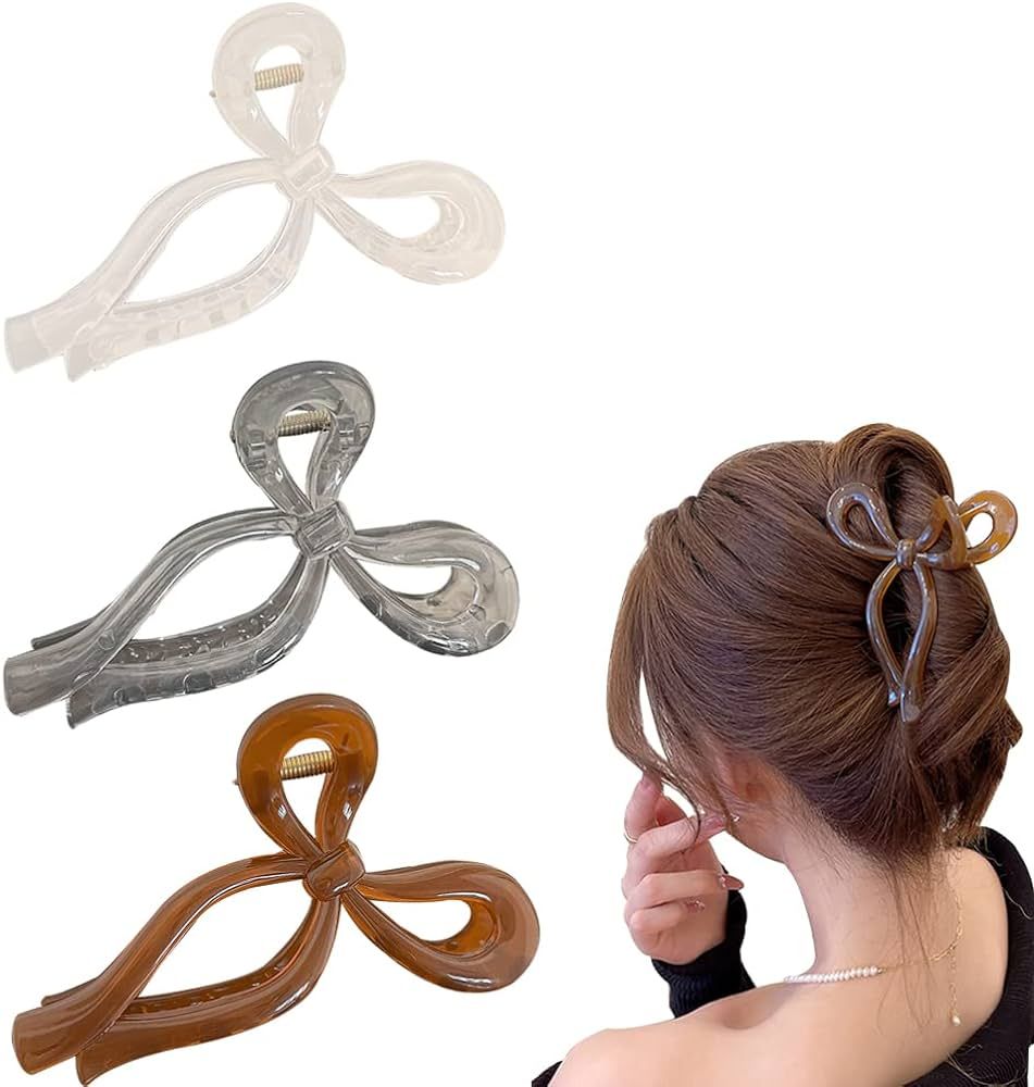 3 PCS Bow Hair Claw Clips Simple Casual Nonslip Cold Tea Large Butterfly Hair Clips for Thick Hai... | Amazon (US)