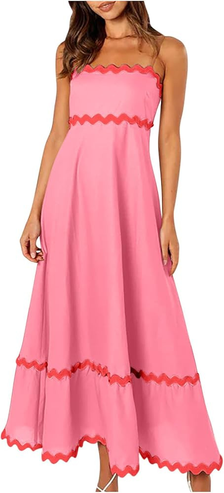Maxi Tube Dress for Women Smocked Rickrack Trim Boho Dresses Skirt Loose Plain Tiered Spaghetti S... | Amazon (US)