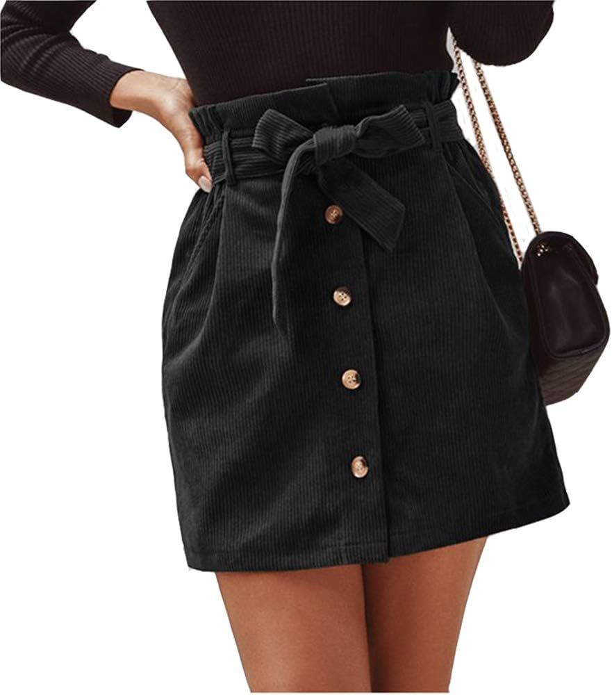 Susupeng Women Paperbag High Waist Elastic Belted Corduroy Button Front with Pockets Short Mini Skir | Amazon (US)