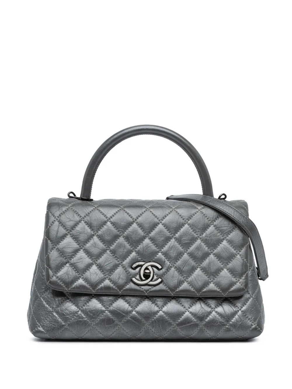 CHANEL Pre-Owned 2019 Small Quilted Aged Calfskin Coco satchel - Grey | Farfetch Global