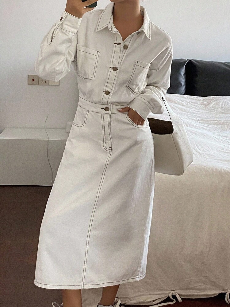 DAZY Women's Turndown Collar Long Sleeve Denim Jumpsuit Dress, Casual City Style | SHEIN