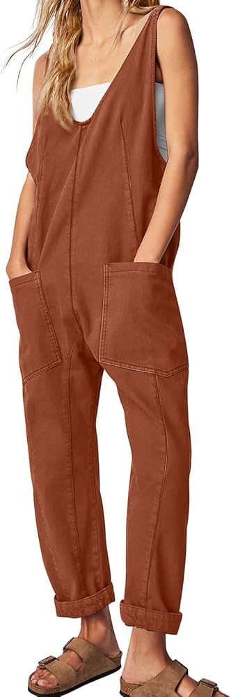 WIHOLL Womens Overalls Denim Straight Leg One Piece Jumpsuit Cotton With Pocket Brown L | Amazon (US)