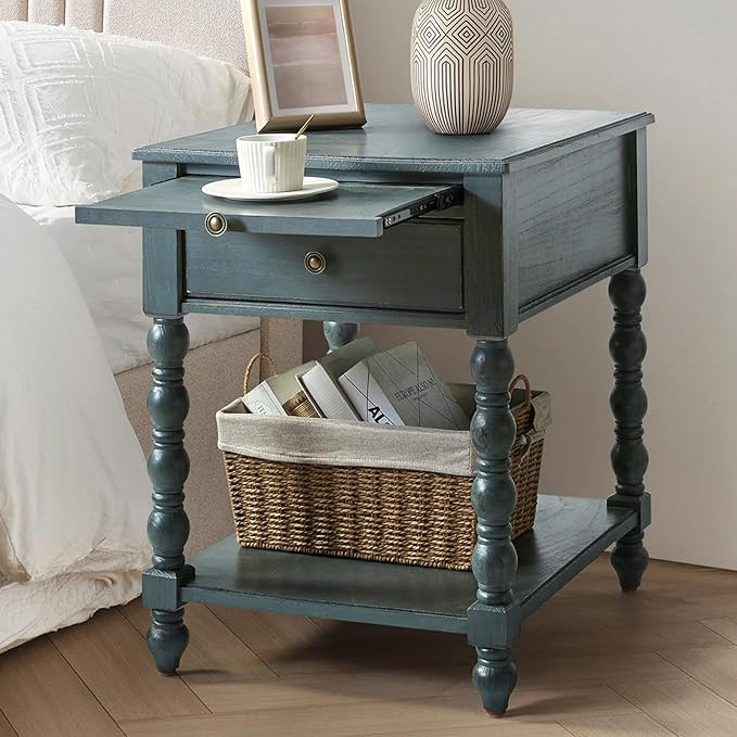 HULALA HOME Spindle Nightstands with Charging Station, Solid Wood Nightstand with Drawer Shelf, S... | Amazon (US)