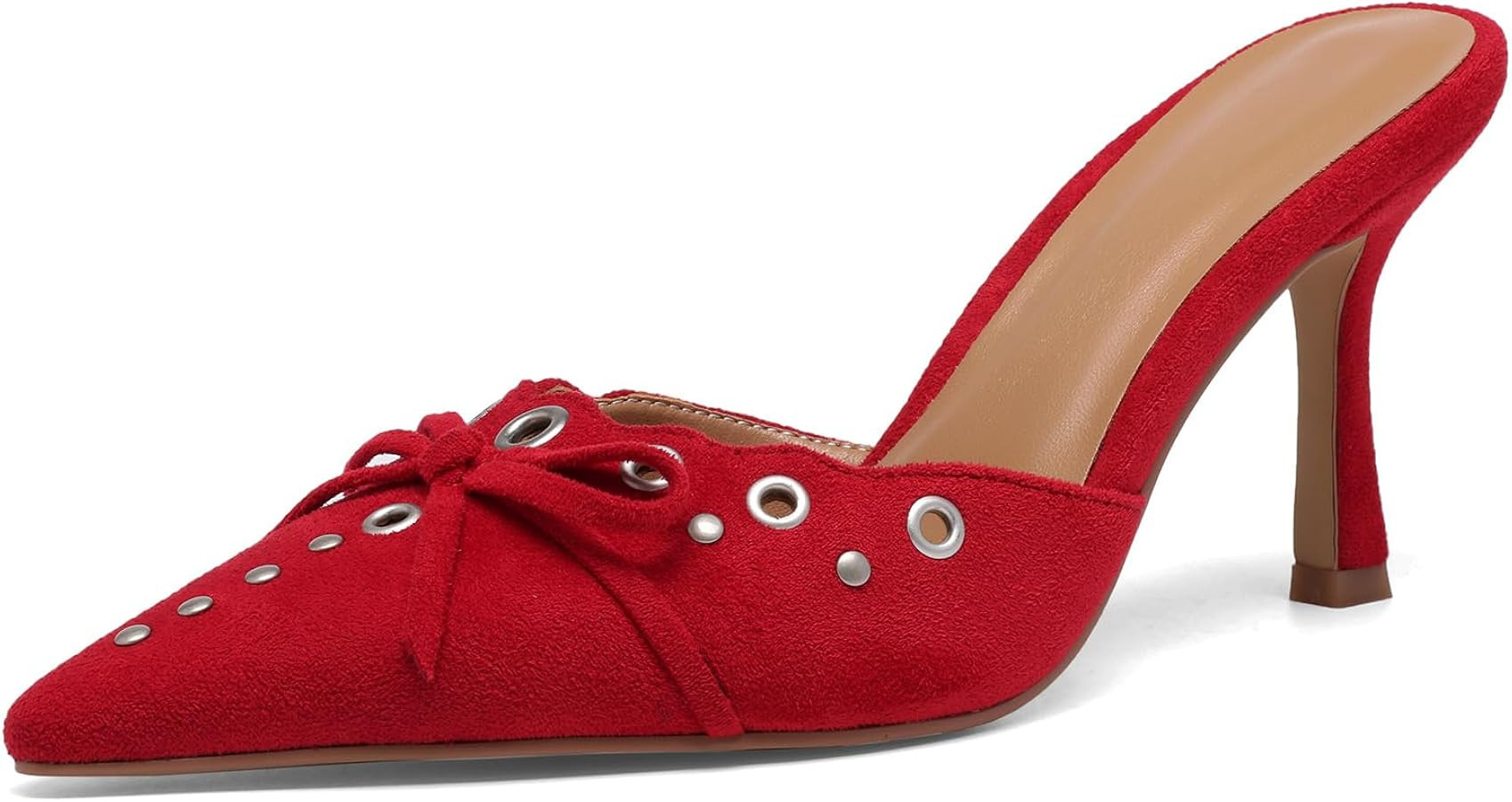Studded Heeled Mules for Women Suede Slip On Bow Tie Pumps Shoes Backless Stiletto Heels Pointed ... | Amazon (US)
