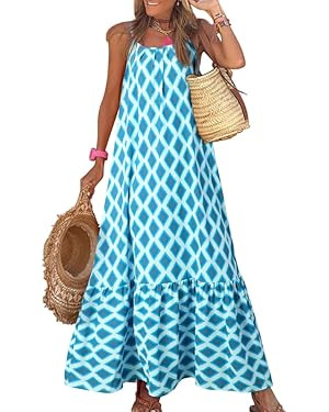 Dokotoo Women Summer Dresses 2024 Spaghetti Strap Scoop Neck Smocked Ruffle Flowy Boho Maxi Dress | Amazon (US)