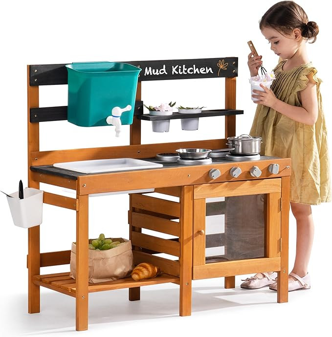 ROBOTIME Mud Kitchen for Kids Outdoor - Wooden Outdoor Play Kitchen Set with Real Water Play, Coo... | Amazon (US)