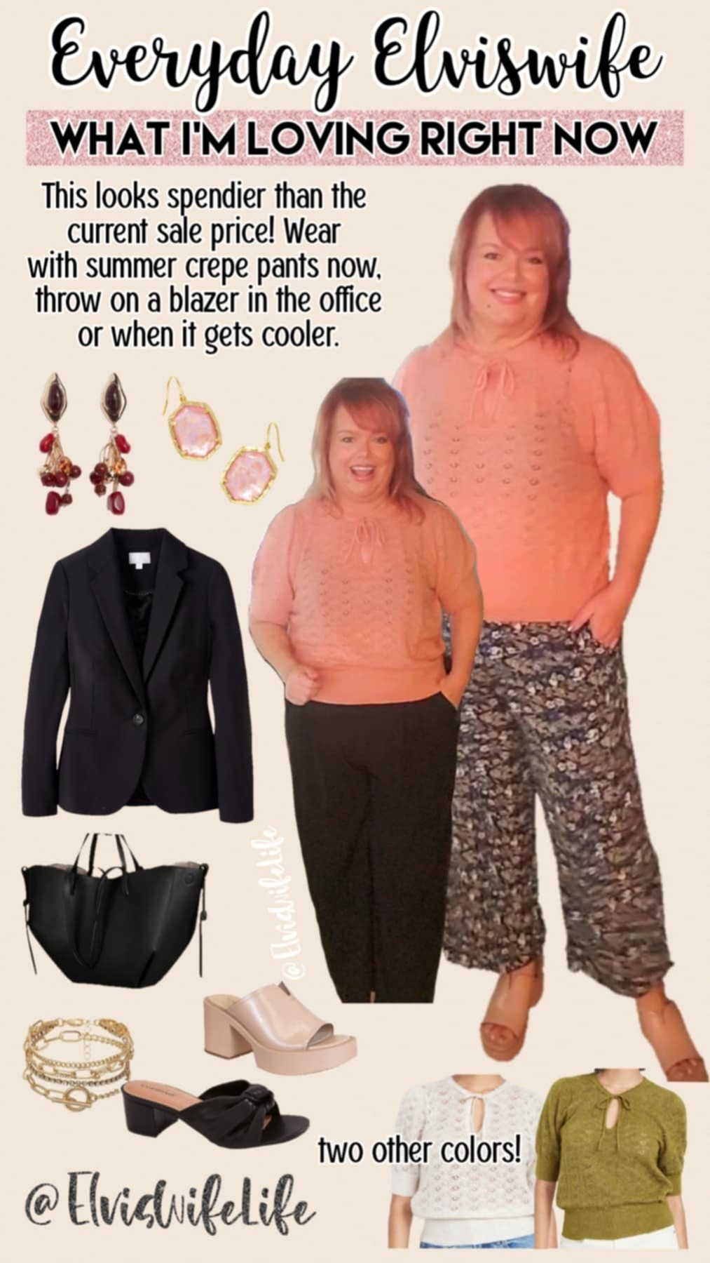 Transition into fall with a few well chosen pieces that work as a more casual look with summer crepe pants and a leaning-into-fall sweater that In Style magazine  said they are “obsessed with.” For cooler weather, office a/c, or corporate meetings, throw on a blazer with the sweater and wide leg work pants, and you’re good to go. Accessories can be bold or understated, a tote catches your laptop or lunch, and wedges or classic black heels with a twist keep things interesting.

I wear 2X in tops and XL-XXL 16-18 on bottom. I wore the sweater in 2X and found it TTS. The black pants have a partial elastic waistband and a 2X was a bit large, but not falling off. Floral pants were an XXL, and fit TTS before washing, sliiiiightly smaller after. The wedges were a 10, and are TTS for medium or slightly wide feet. 

Plus size fashion, pointelle, wool blend, work clothes, flowy pants, gold jewelry, long earrings

#LTKPlusSize #LTKStyleTip #LTKSeasonal
