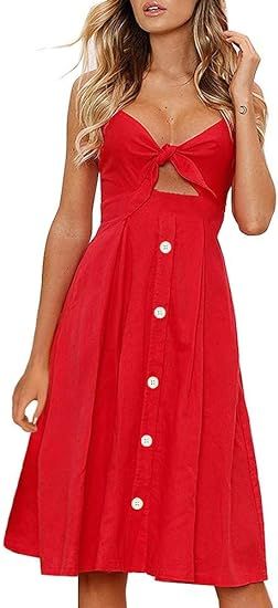 FANCYINN Womens Floral Prints Tie Front Button Down Spaghetti Strap Midi Dress | Amazon (US)