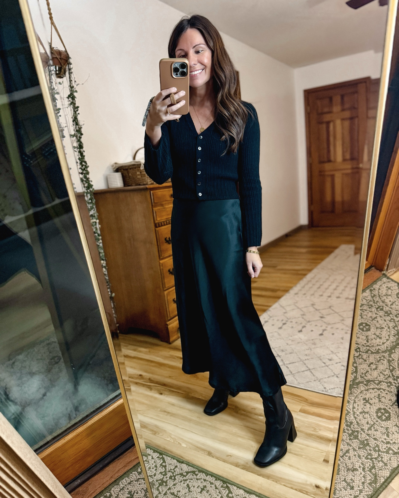 Both my sweater and satin skirt are older so I linked similar pieces (I own the black skirt I linked in green and love it!) my boots are size 6.5 and I also linked some similar ones 🖤

#LTKFindsUnder100 #LTKHoliday #LTKPetite