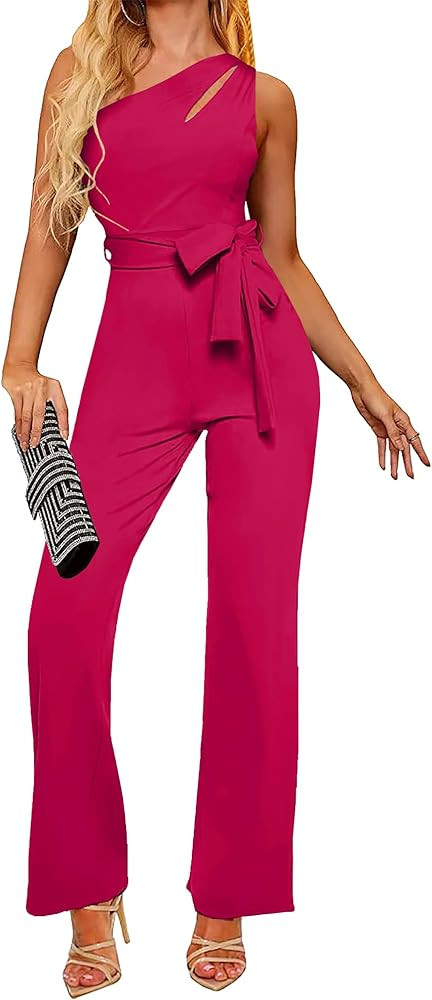 AUXDIO Womens Summer One Shoulder Cutout Elegant Casual Sleeveless High Waist Belted Wide Leg Jum... | Amazon (US)