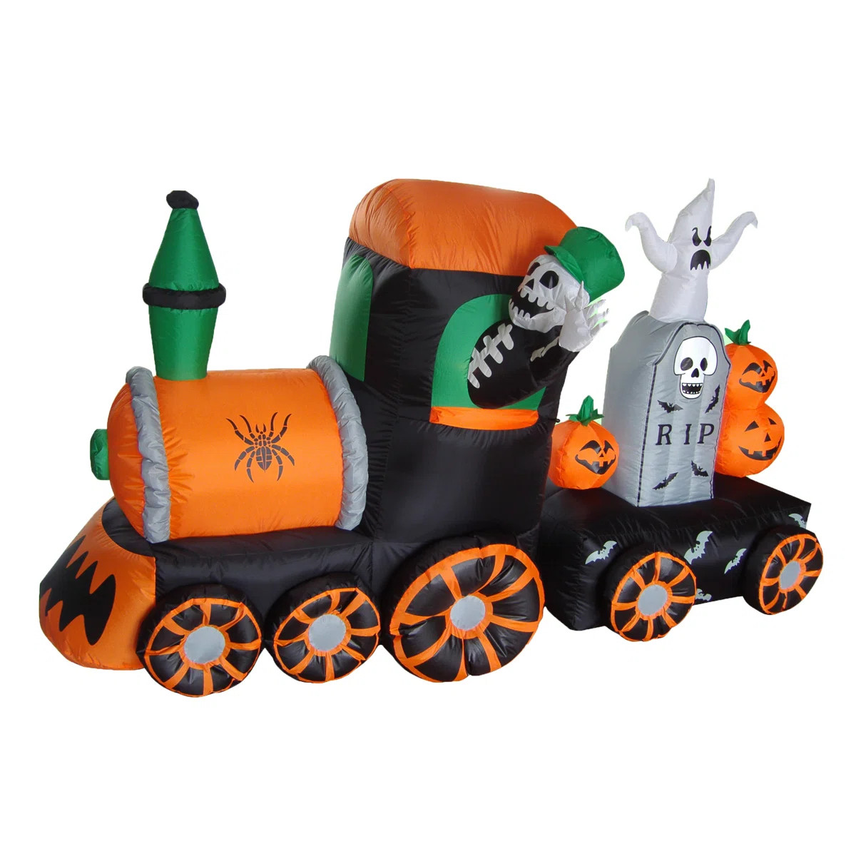 7 Foot Long Lighted Happy Halloween Inflatable Skeleton on Train Ghost Tombstone Pumpkins Indoor ... | Wayfair North America