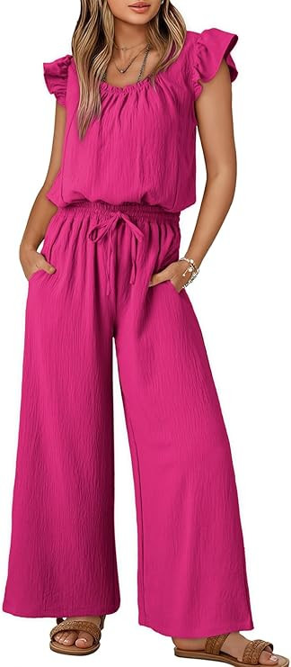 Dokotoo Jumpsuits for Women 2025 Summer Ruffle Sleeves Square Neck Rompers Drawstring Overalls wi... | Amazon (US)