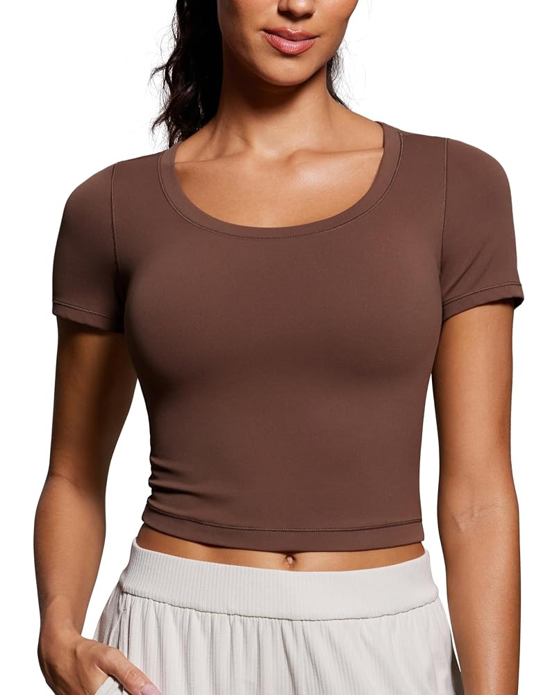 CRZ YOGA Butterluxe Short Sleeve Shirts for Women Scoop Neck Casual Crop Tops Workout Yoga Basic ... | Amazon (US)