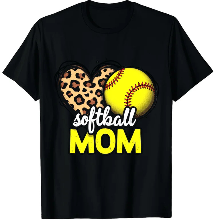 Retro Leopard Print Heart Softball Mom Graphic Tee - Cute Women's Sports T-Shirt for Game Day | Walmart (US)