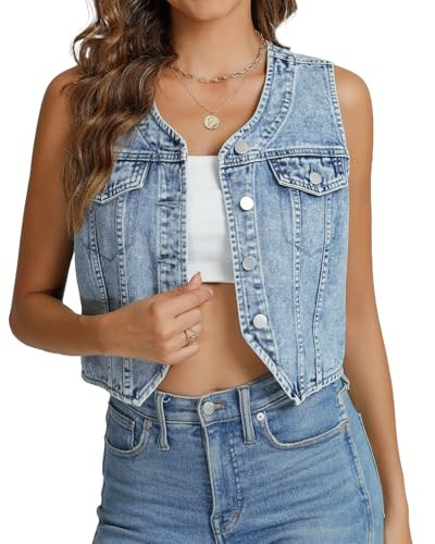 Kedera Women's V Neck Denim Vest Asymmetrical Hem Sleeveless Button Front Jean Vests Crop Tops wi... | Amazon (US)